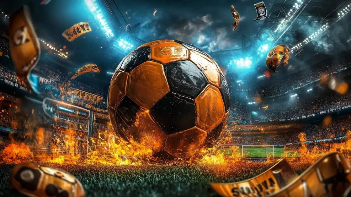 A massive soccer ball engulfed in flames sits in the center of a packed stadium, symbolizing the high-energy excitement of placing live sports bets with funinexchange.