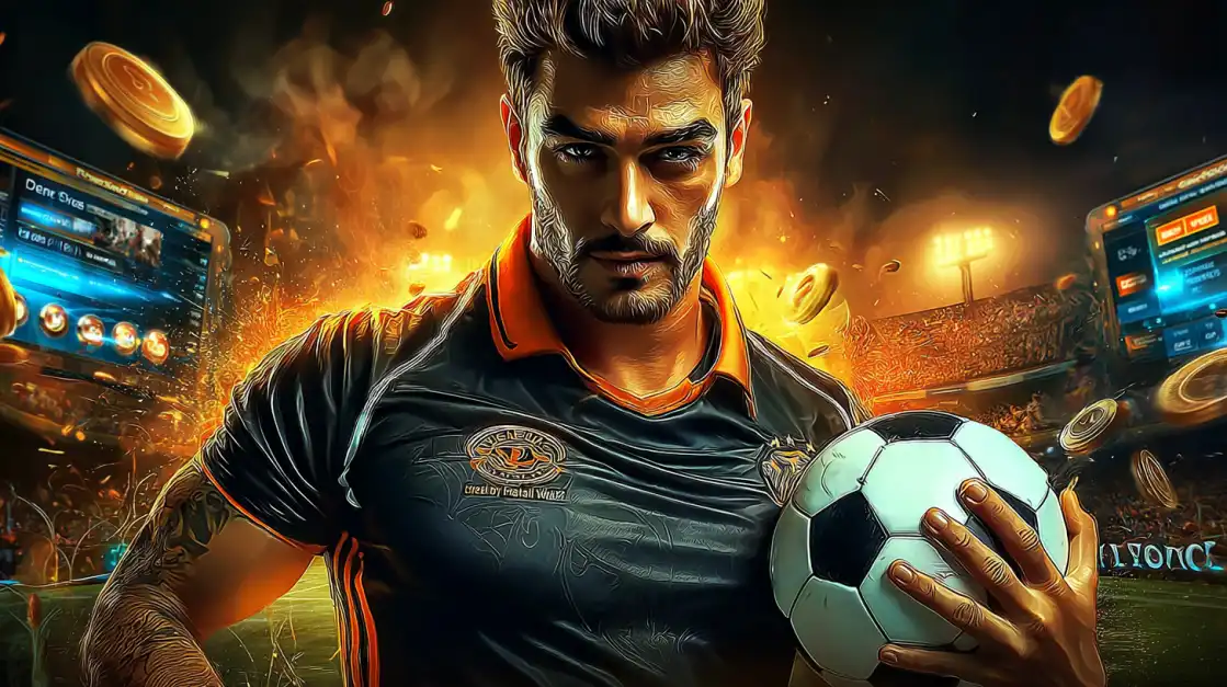 A handsome football player holds a soccer ball in a fiery stadium, representing the exciting sports betting options and high stakes available on the funinexchange platform.