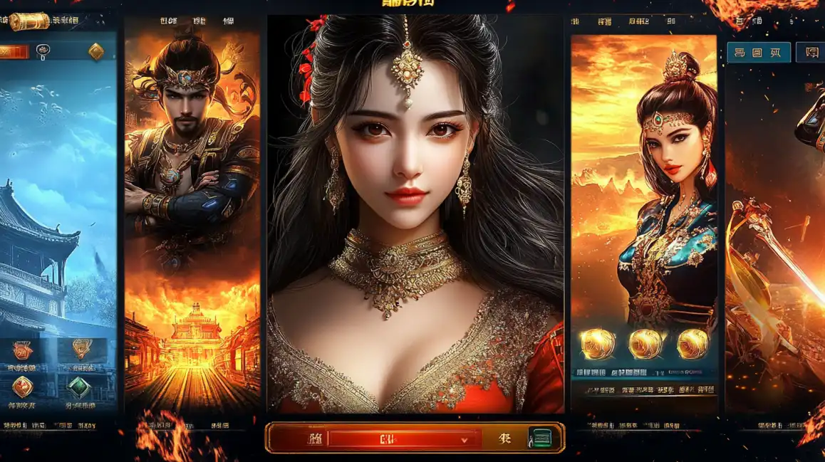 The character selection screen for a funinexchange game, featuring a beautiful central female character in ornate traditional attire, flanked by a male warrior and another female character.