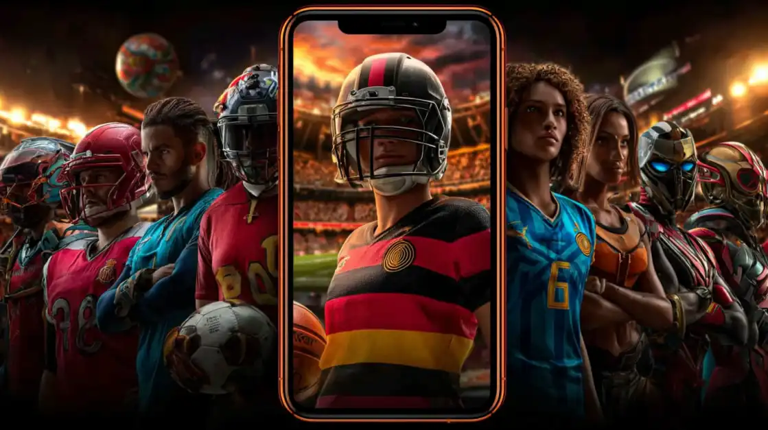 A smartphone showcasing a female athlete in front of a diverse group of sports players, highlighting the wide range of sports betting markets available on the funinexchange mobile app.