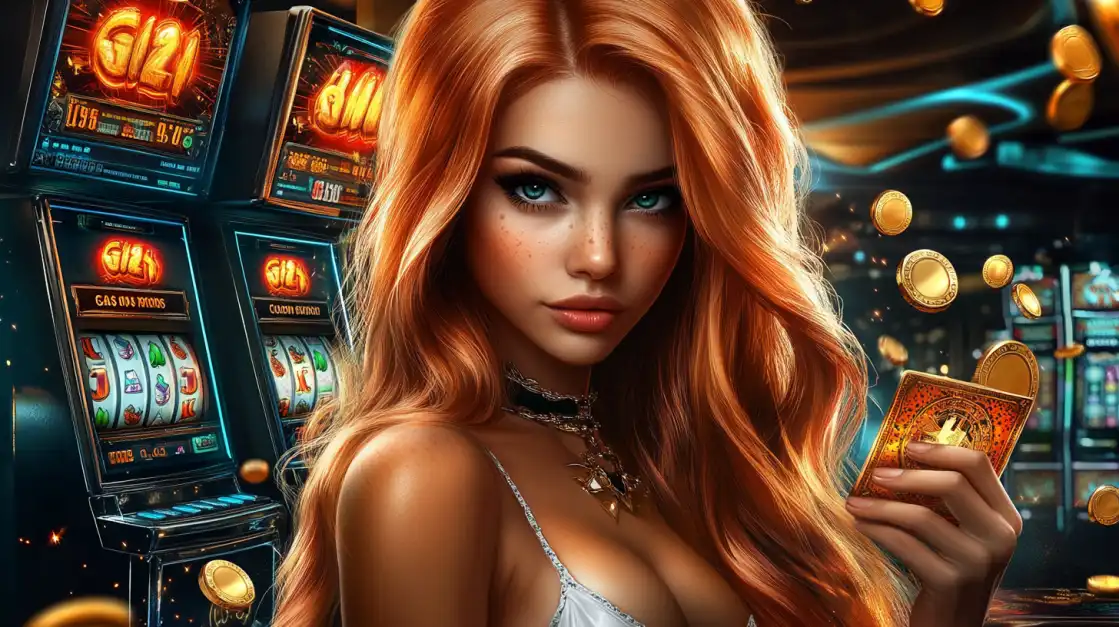 A stunning woman with long red hair enjoys the vibrant casino atmosphere at funinexchange, standing near glowing slot machines as gold coins rain down, symbolizing big wins.