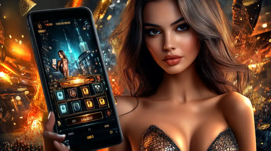 A beautiful woman presents a smartphone displaying a thrilling slot game from the funinexchange app, set against a dynamic background of golden explosions and sparks.