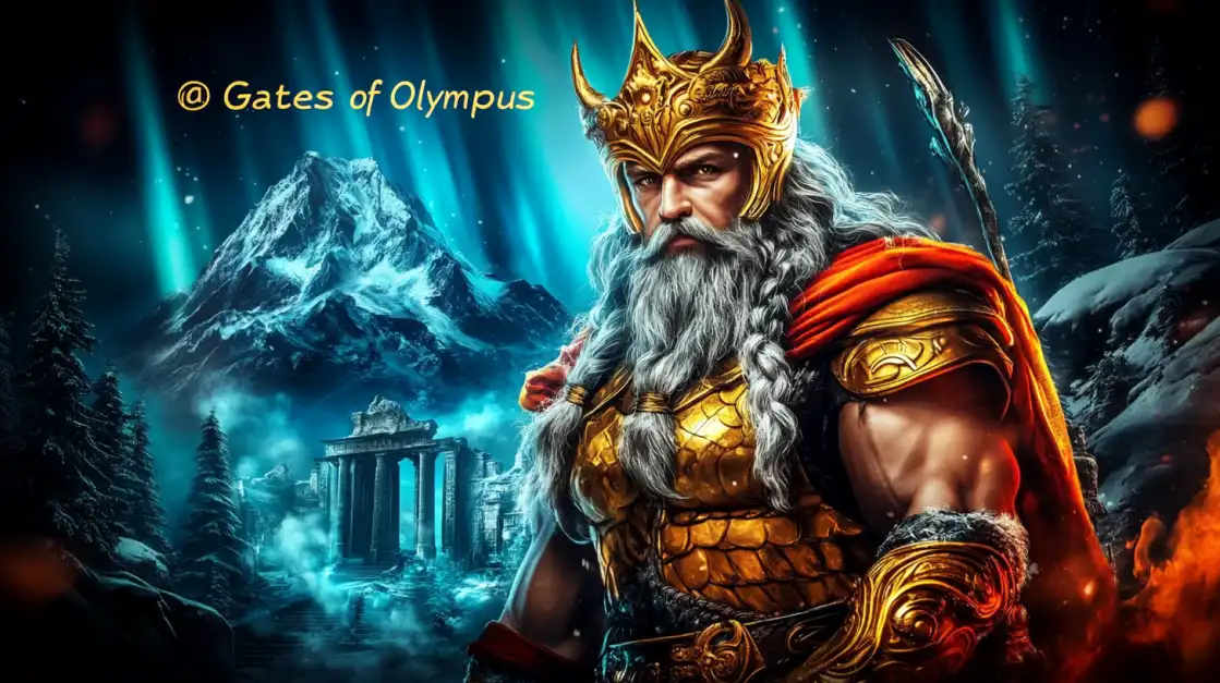 The powerful god Zeus from the Gates of Olympus slot game, set against a backdrop of snowy mountains and ancient ruins. Play this epic mythological game at funinexchange.