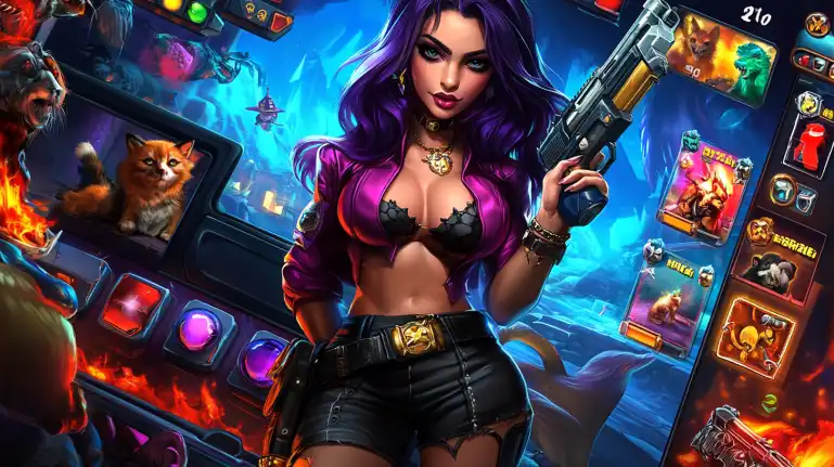 A cool female character with purple hair holds a blaster in a futuristic game setting, surrounded by game cards and icons. Discover thrilling action RPGs like this on funinexchange.
