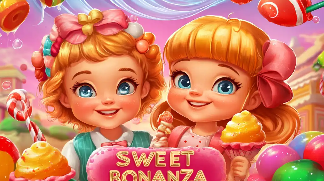 Two cheerful cartoon girls in a vibrant candyland, representing the popular Sweet Bonanza slot game. Enjoy sweet treats and big rewards when you play at funinexchange.