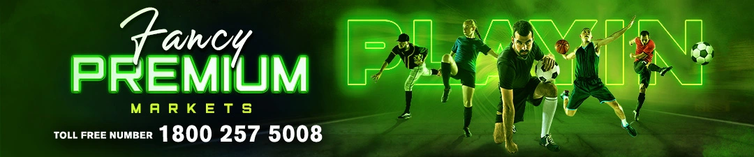 A vibrant green banner for funinexchange advertising Fancy Premium Markets. It features a dynamic collage of athletes from sports like football and basketball, promoting diverse betting options.