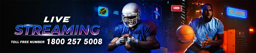 A dark, neon-themed banner for the Live Streaming service at funinexchange. It features an American football player and a basketball player in action, inviting users to watch and bet live.